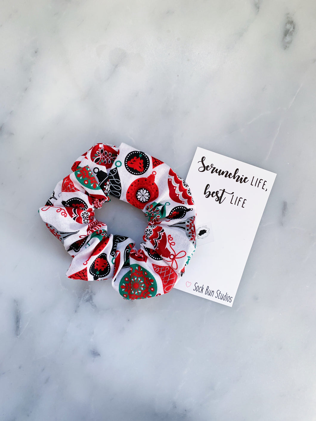 Christmas Vintage Red and Green Ornaments Scrunchie