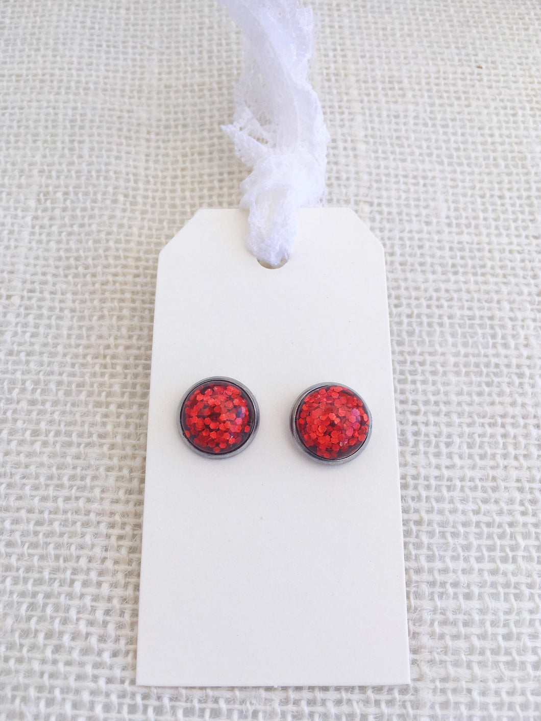 Red Sparkly Glitter 12mm Stud Earrings