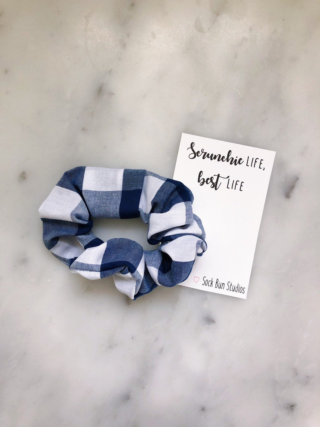 SALE White and Navy Buffalo Check Scrunchie