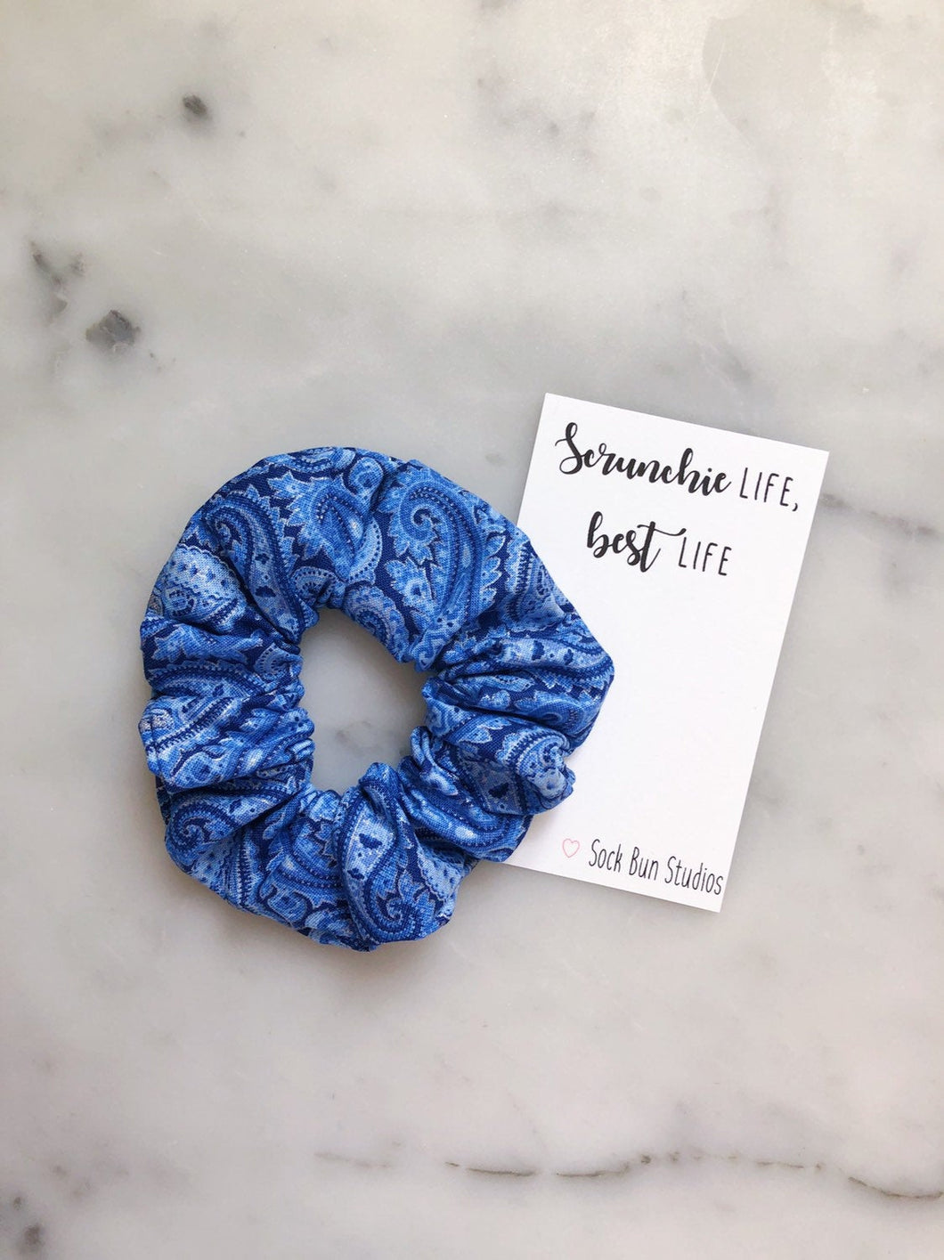 SALE Blue and Silver Paisley Scrunchie