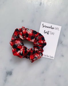 Red and Black Buffalo Check Snowflake Christmas Scrunchie